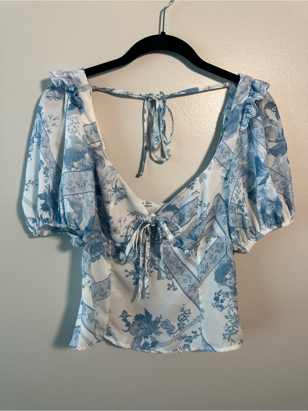 ASOS White and Light Blue Floral Tie-Front Puff Sleeve Blouse